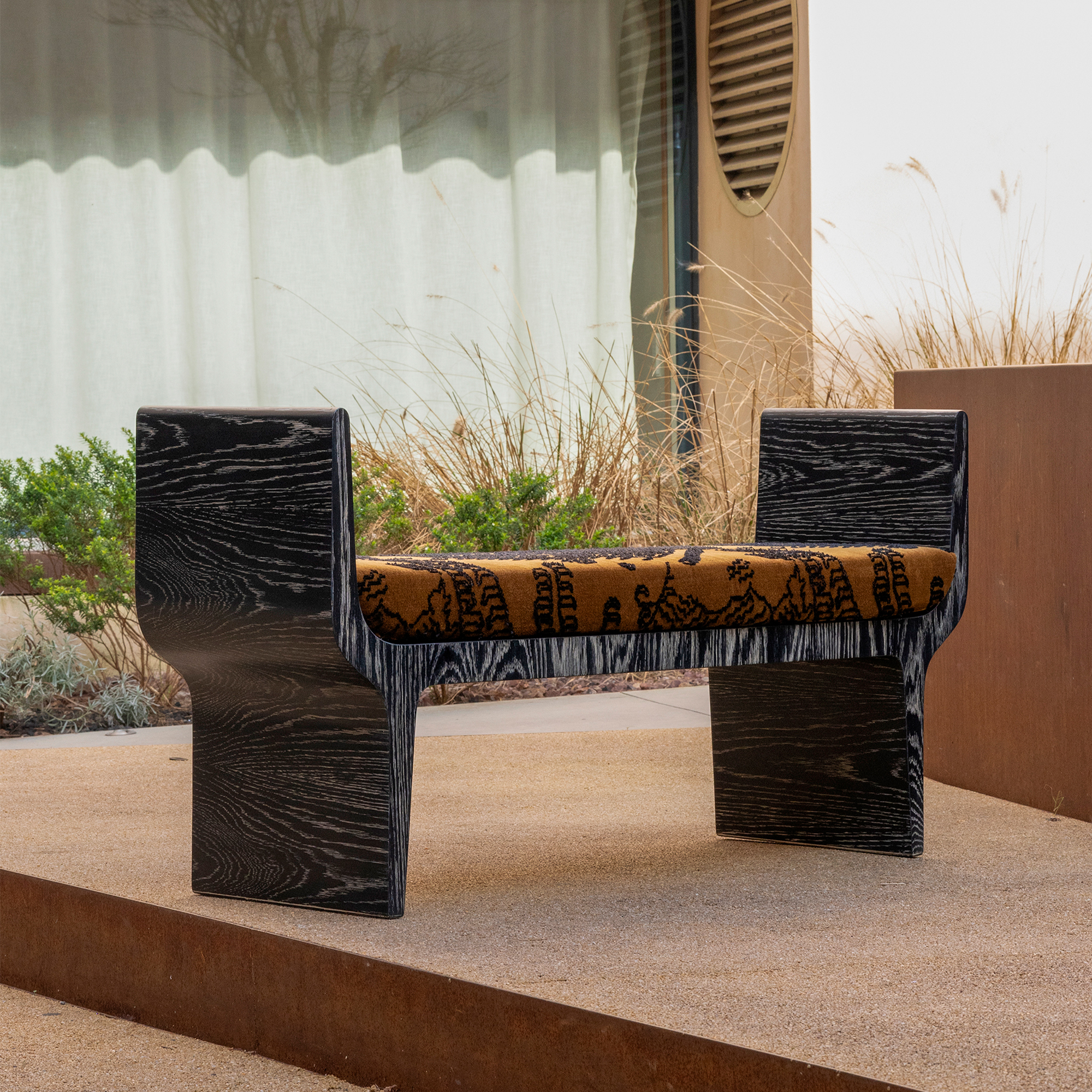 Shown in Black Limed Oak with Dedar Tiger Mountain 002 Dedar Fabric Cushion